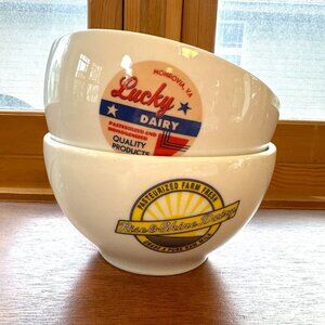 Pottery Barn Milk Dairy Logo Set Of 2 Bowls Lucky And Rise & Shine